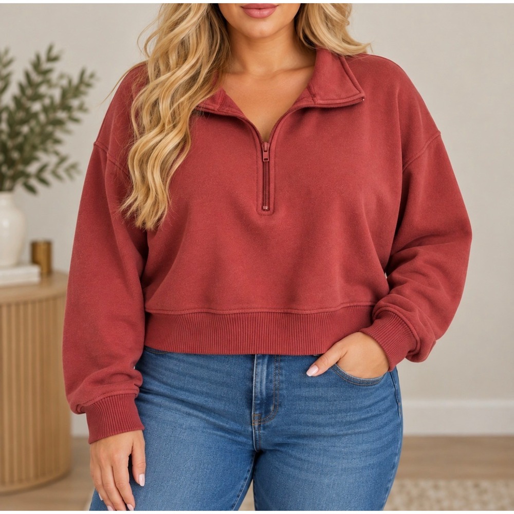 A New Day Pullover XXL Burnt Red Good Quarter Zip Cropped Fleece Sweatshirt
